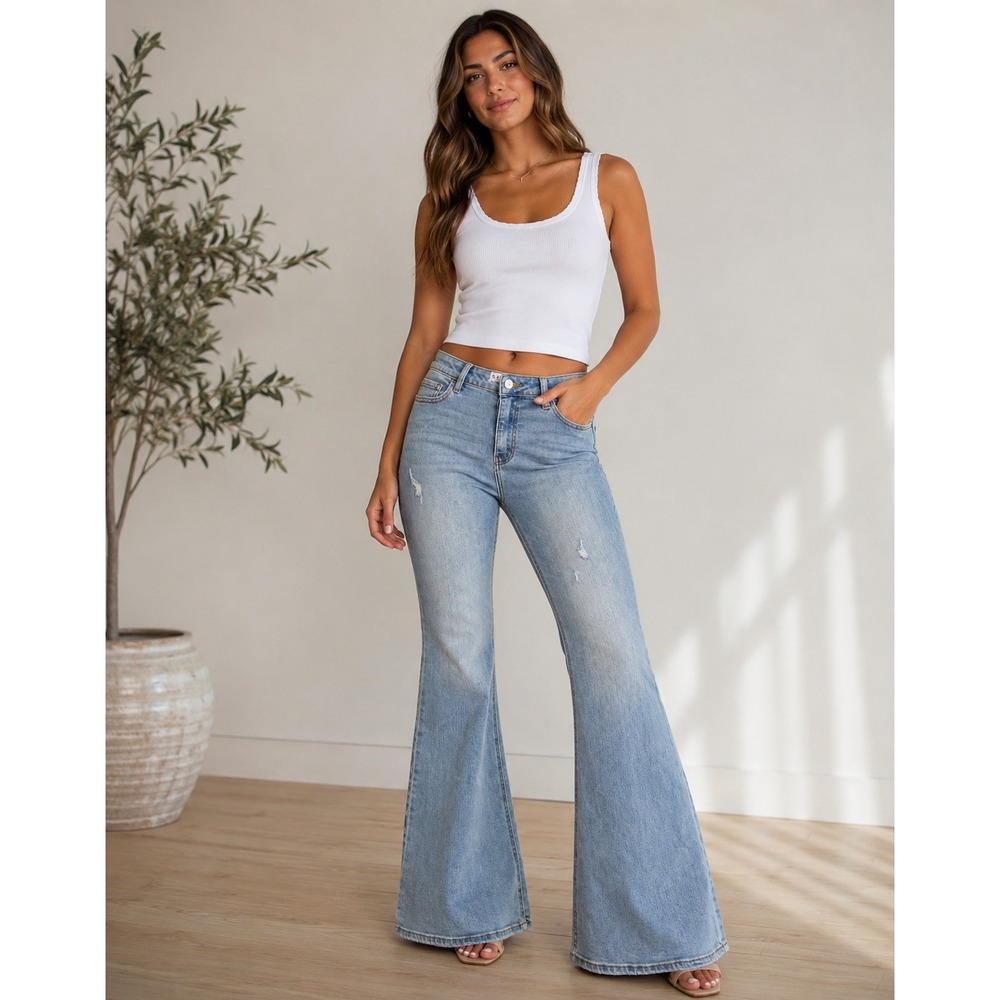 Cello Womens High Rise Distressed Flare Jeans Light Wash Size 11